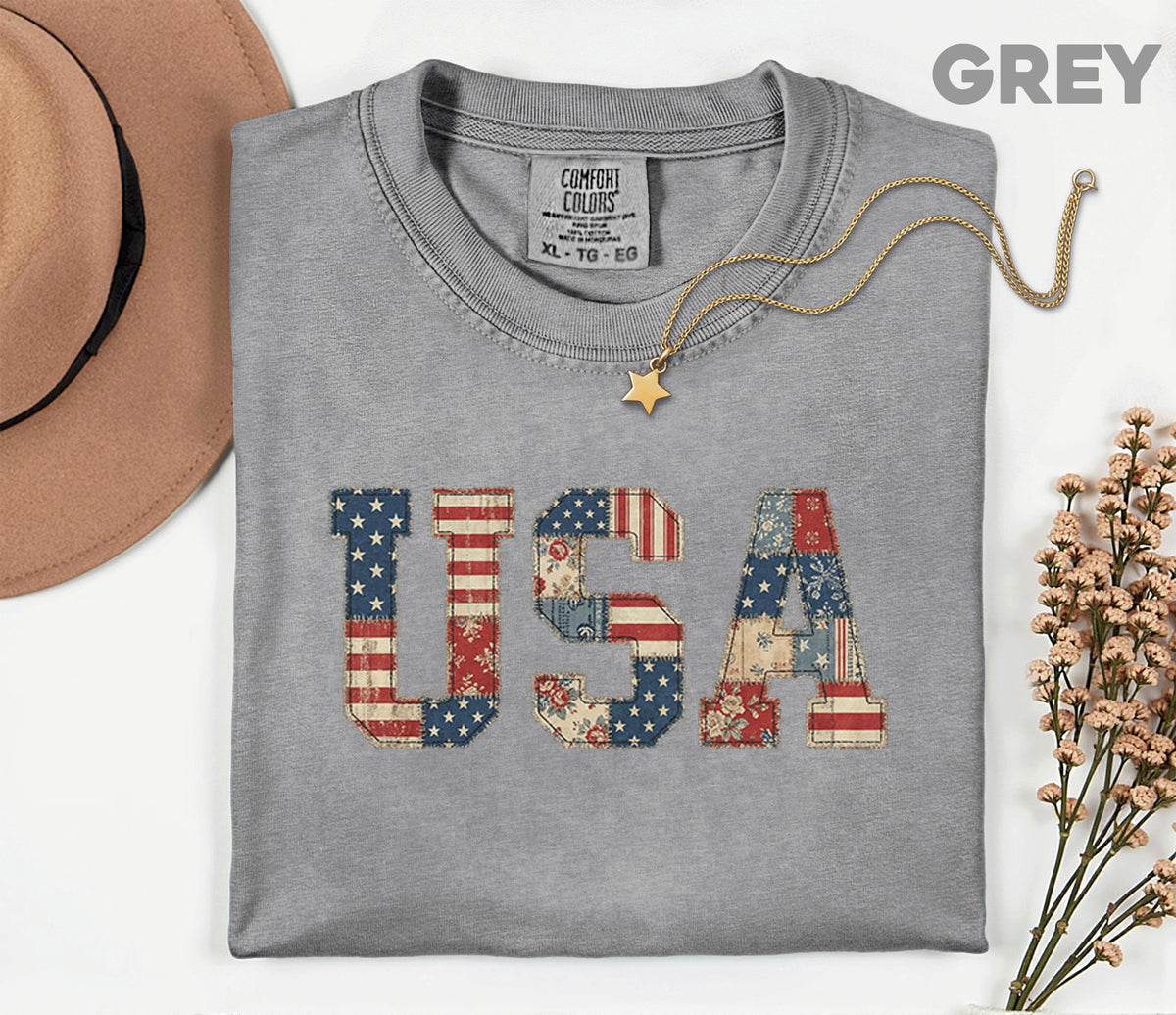 Comfort Colors Vintage USA Patchwork Shirt Americana Letter 4th of July Tee Retro Patriotic Shirt Fourth of July Outfit Independence Day Tee