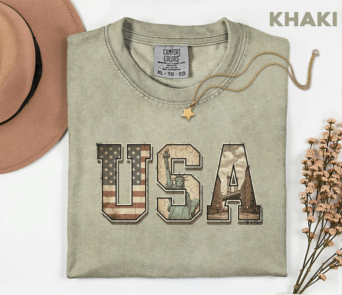 Comfort Colors® Vintage USA Shirt Statue of Liberty Flag Letters Retro America Tee Patriotic Fourth of July 4th Shirt Independence Day Gift