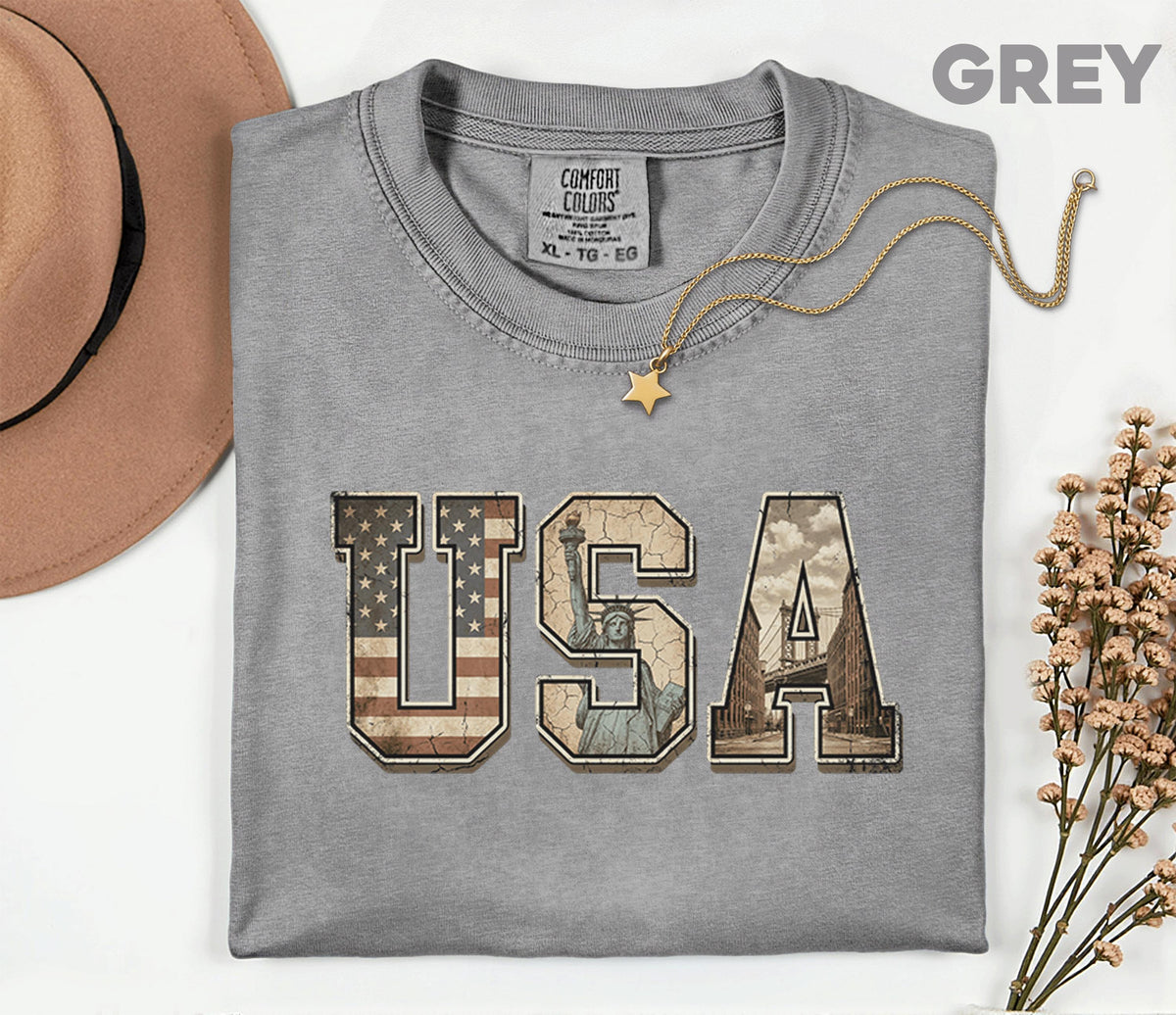 Comfort Colors® Vintage USA Shirt Statue of Liberty Flag Letters Retro America Tee Patriotic Fourth of July 4th Shirt Independence Day Gift