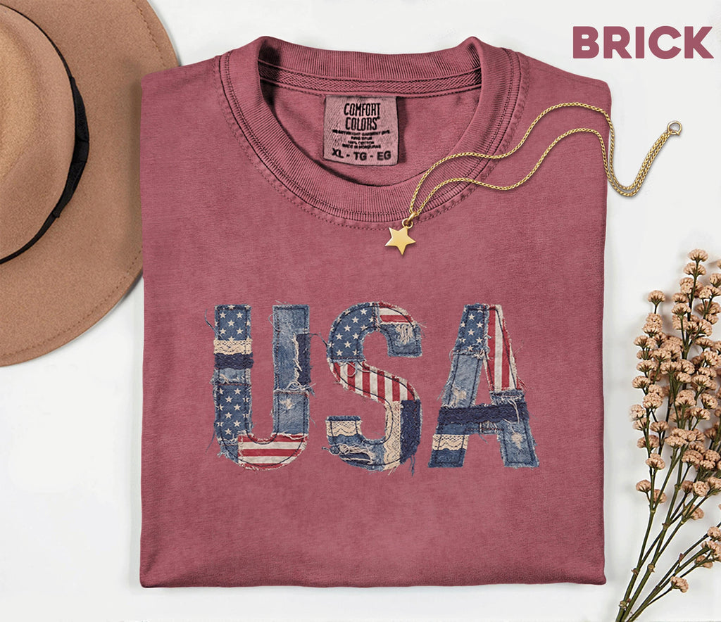 Comfort Colors® USA Patchwork Denim Shirt Patriotic Distressed USA Tee Vintage American Shirt Fourth of July 4th Shirt Independence Day Gift