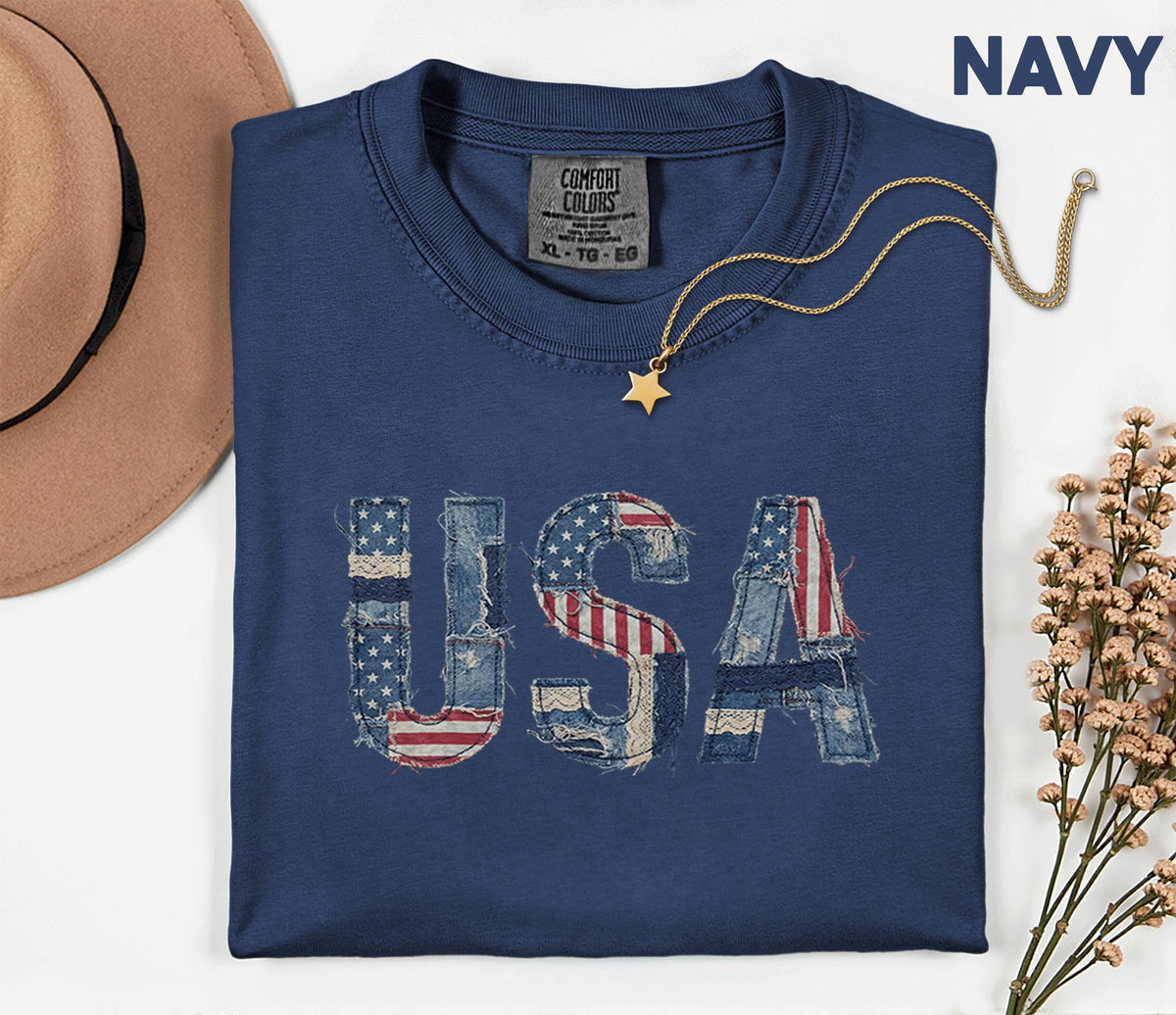 Comfort Colors® USA Patchwork Denim Shirt Patriotic Distressed USA Tee Vintage American Shirt Fourth of July 4th Shirt Independence Day Gift