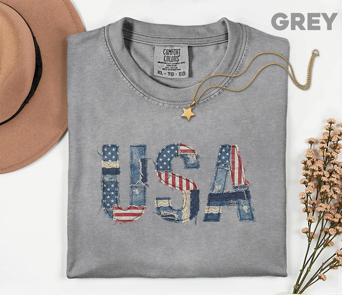 Comfort Colors® USA Patchwork Denim Shirt Patriotic Distressed USA Tee Vintage American Shirt Fourth of July 4th Shirt Independence Day Gift