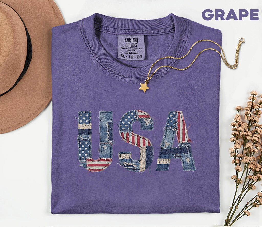 Comfort Colors® USA Patchwork Denim Shirt Patriotic Distressed USA Tee Vintage American Shirt Fourth of July 4th Shirt Independence Day Gift