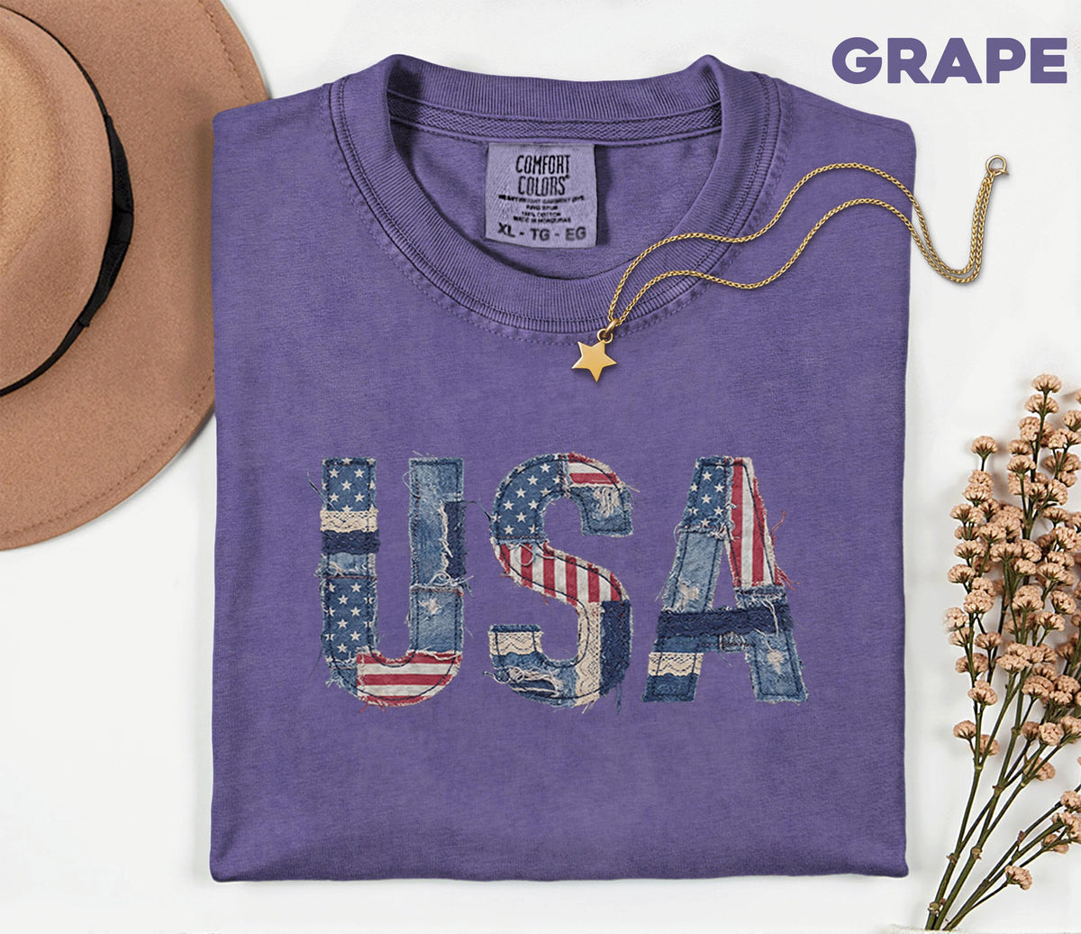 Comfort Colors® USA Patchwork Denim Shirt Patriotic Distressed USA Tee Vintage American Shirt Fourth of July 4th Shirt Independence Day Gift