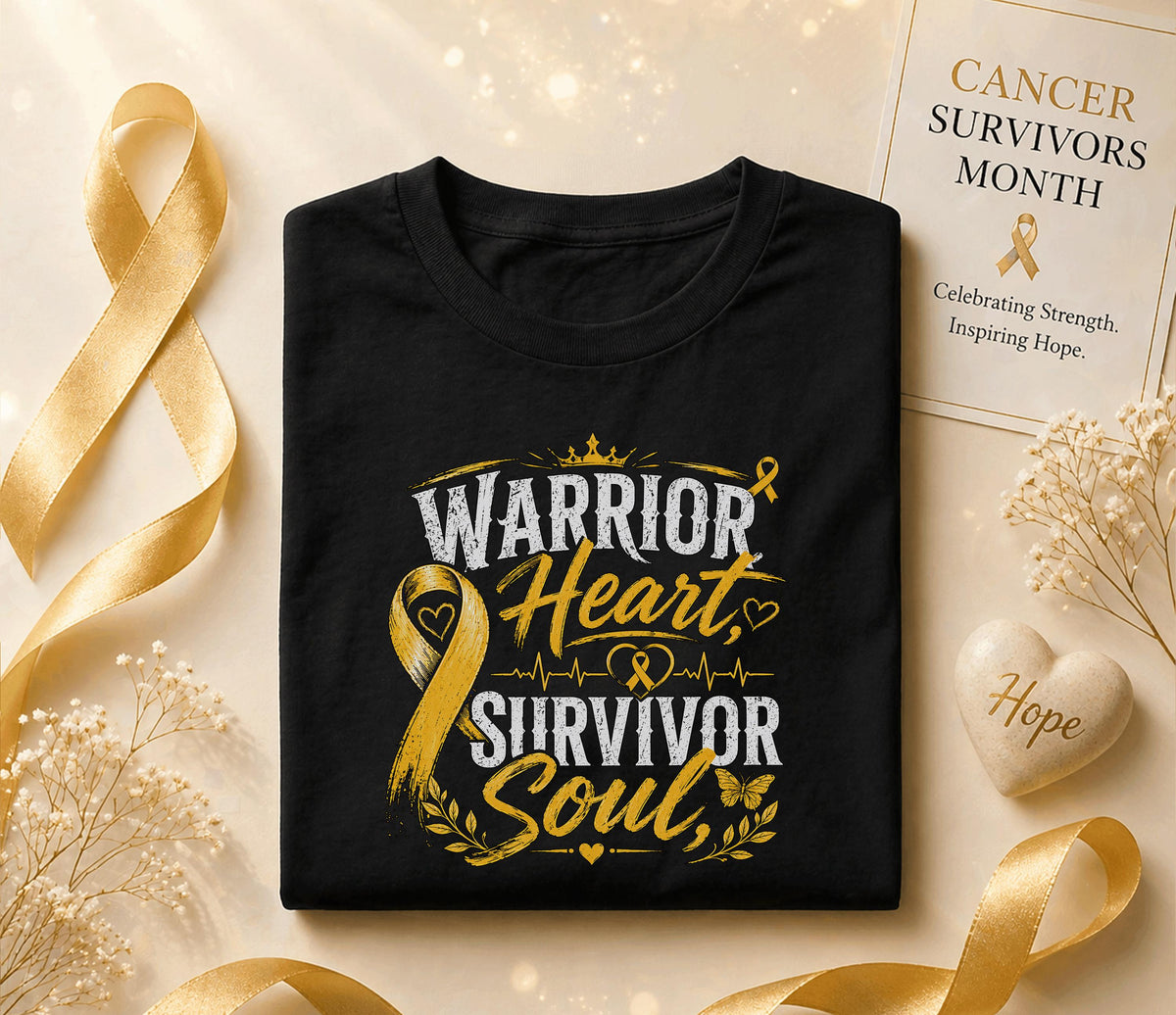 Warrior Heart Survivor Soul Cancer Survivor Shirt, Yellow Ribbon Awareness Tee