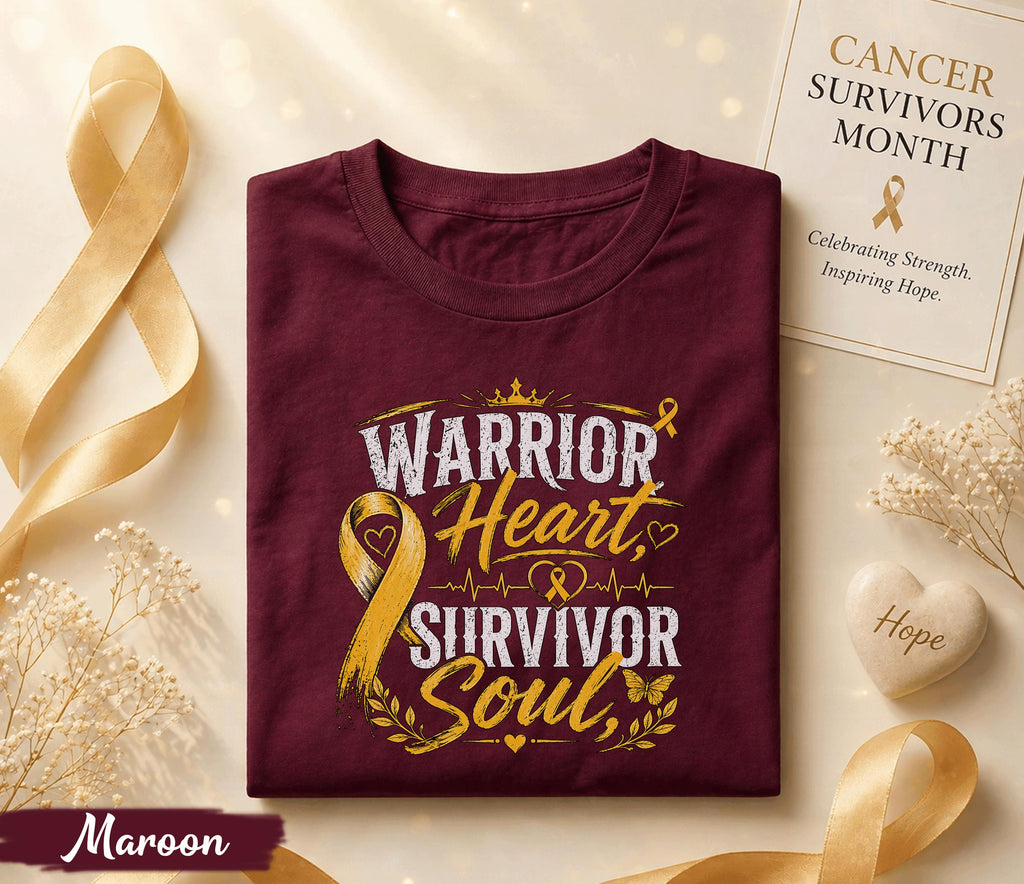 Warrior Heart Survivor Soul Cancer Survivor Shirt, Yellow Ribbon Awareness Tee, Inspirational Strength Courage Fighter Gift Idea