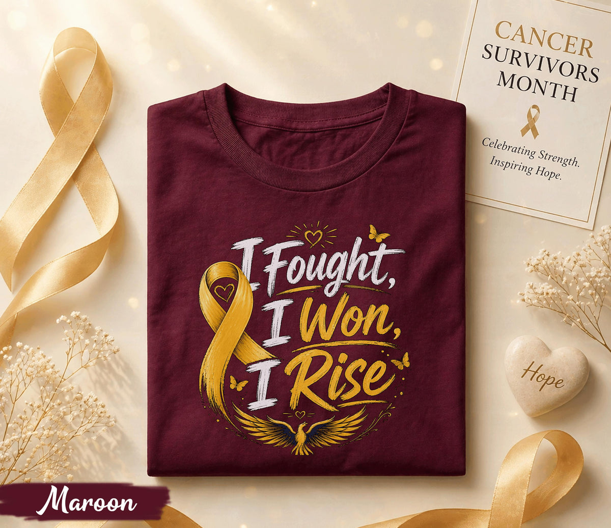I Fought I Won I Rise Cancer Survivor Shirt, Yellow Ribbon Awareness Tee, Inspirational Fighter Gift, Strength Hope Courage Apparel