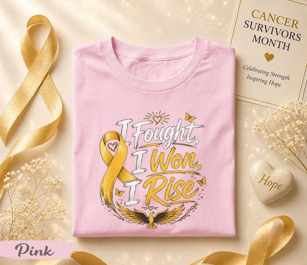 I Fought I Won I Rise Cancer Survivor Shirt, Yellow Ribbon Awareness Tee, Inspirational Fighter Gift, Strength Hope Courage Apparel
