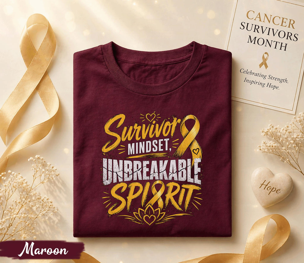 Survivor Mindset Unbreakable Spirit Cancer Survivor Shirt, Yellow Ribbon Awareness Tee, Inspirational Strength Fighter Gift Idea