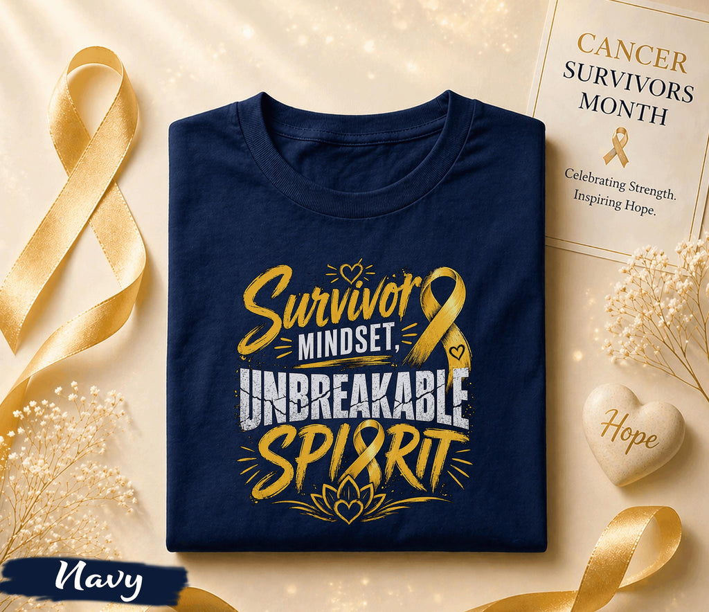 Survivor Mindset Unbreakable Spirit Cancer Survivor Shirt, Yellow Ribbon Awareness Tee, Inspirational Strength Fighter Gift Idea