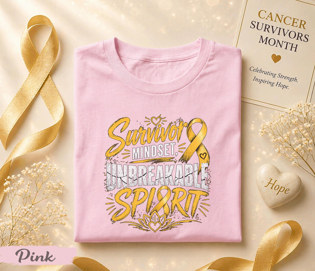 Survivor Mindset Unbreakable Spirit Cancer Survivor Shirt, Yellow Ribbon Awareness Tee, Inspirational Strength Fighter Gift Idea