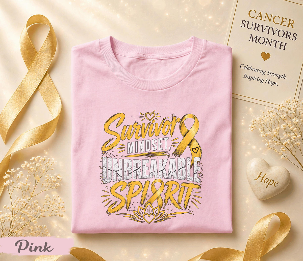 Survivor Mindset Unbreakable Spirit Cancer Survivor Shirt, Yellow Ribbon Awareness Tee, Inspirational Strength Fighter Gift Idea