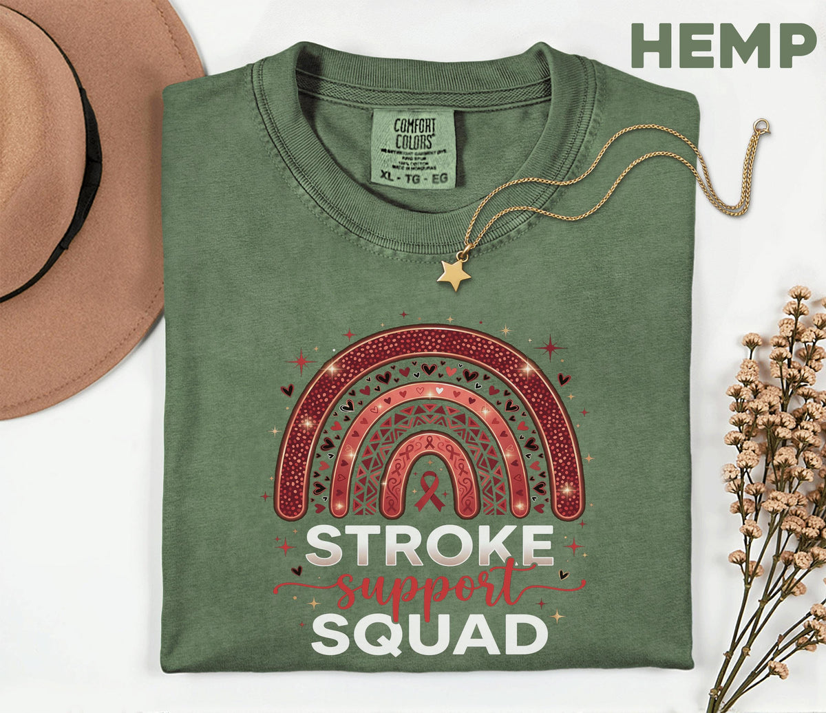 Stroke Awareness Support Squad Shirt, Comfort Colors® Stroke Awareness Tee, Caregiver Gift, Red Ribbon Rainbow Medical T-Shirt