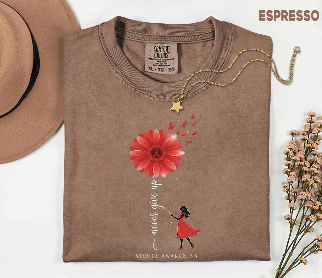 Never Give Up Stroke Awareness Shirt, Comfort Colors Stroke Awareness Tee, Red Ribbon Survivor Gift, Inspirational Support Shirt