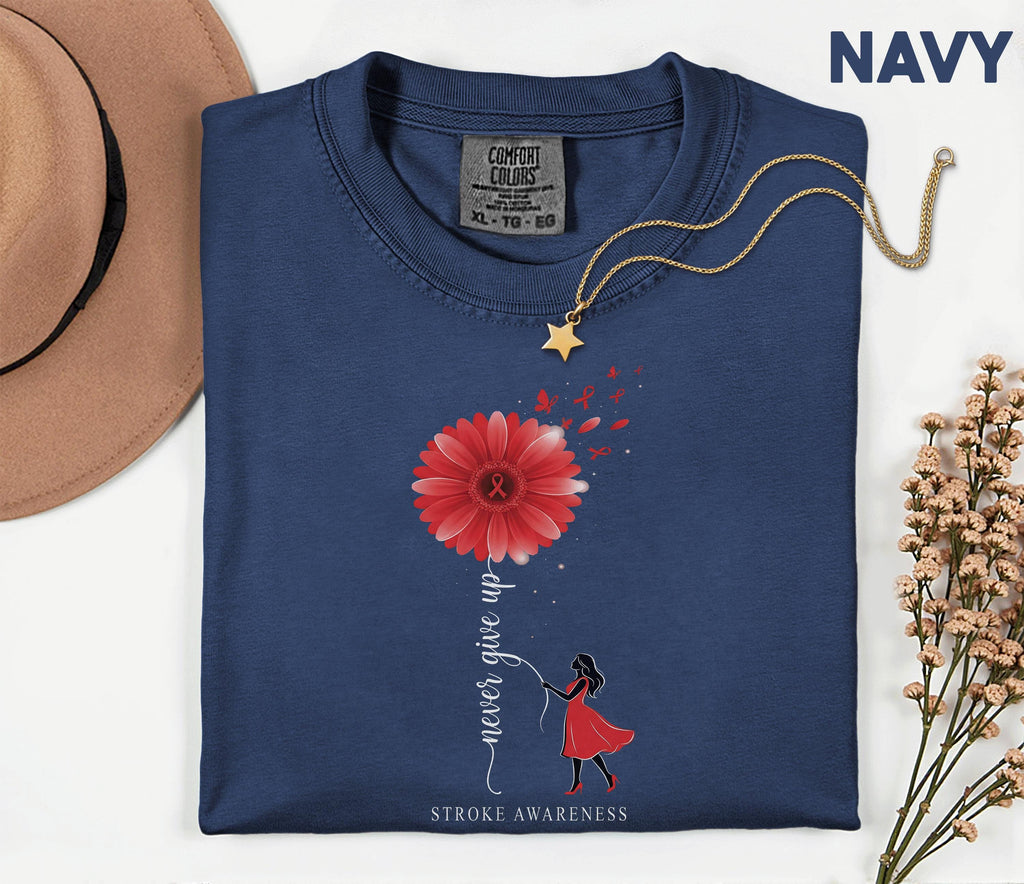Never Give Up Stroke Awareness Shirt, Comfort Colors Stroke Awareness Tee, Red Ribbon Survivor Gift, Inspirational Support Shirt