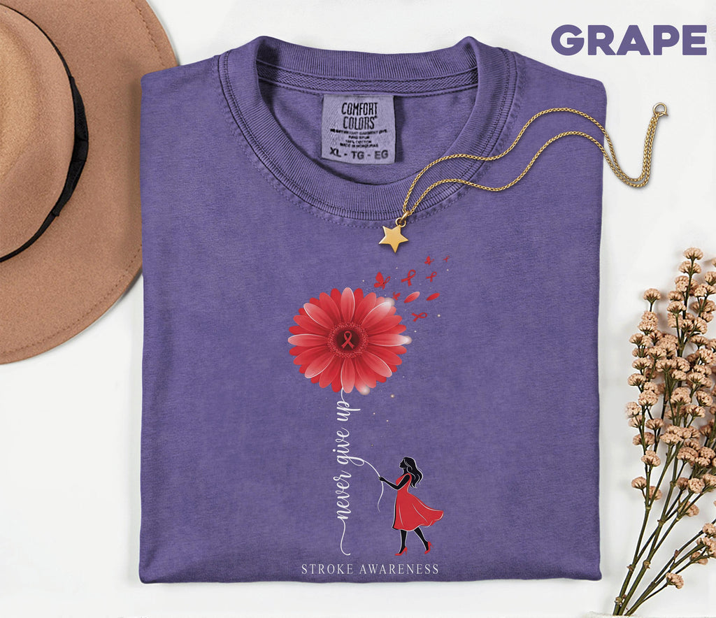 Never Give Up Stroke Awareness Shirt, Comfort Colors Stroke Awareness Tee, Red Ribbon Survivor Gift, Inspirational Support Shirt