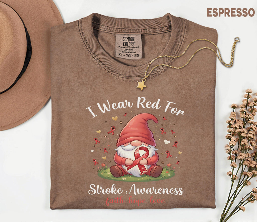 I Wear Red For Stroke Awareness Shirt, Comfort Colors Stroke Awareness Tee, Red Ribbon Gnome Support Gift, Faith Hope Love T-Shirt