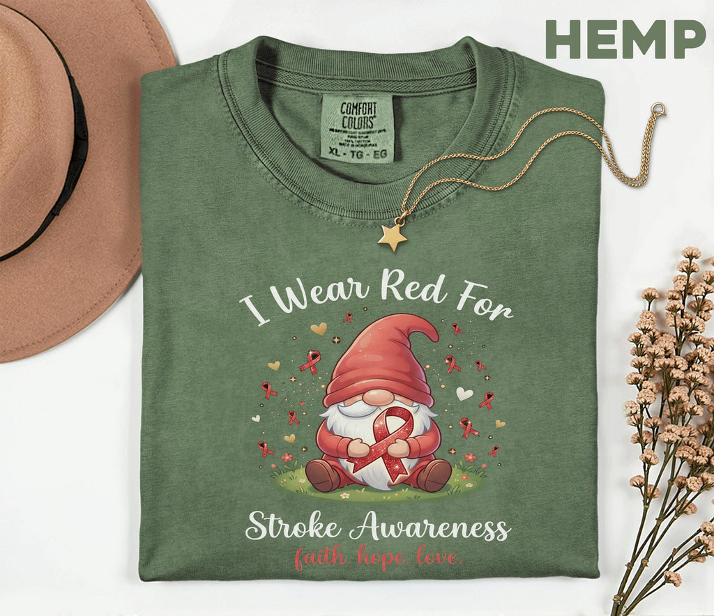 I Wear Red For Stroke Awareness Shirt, Comfort Colors Stroke Awareness Tee, Red Ribbon Gnome Support Gift, Faith Hope Love T-Shirt