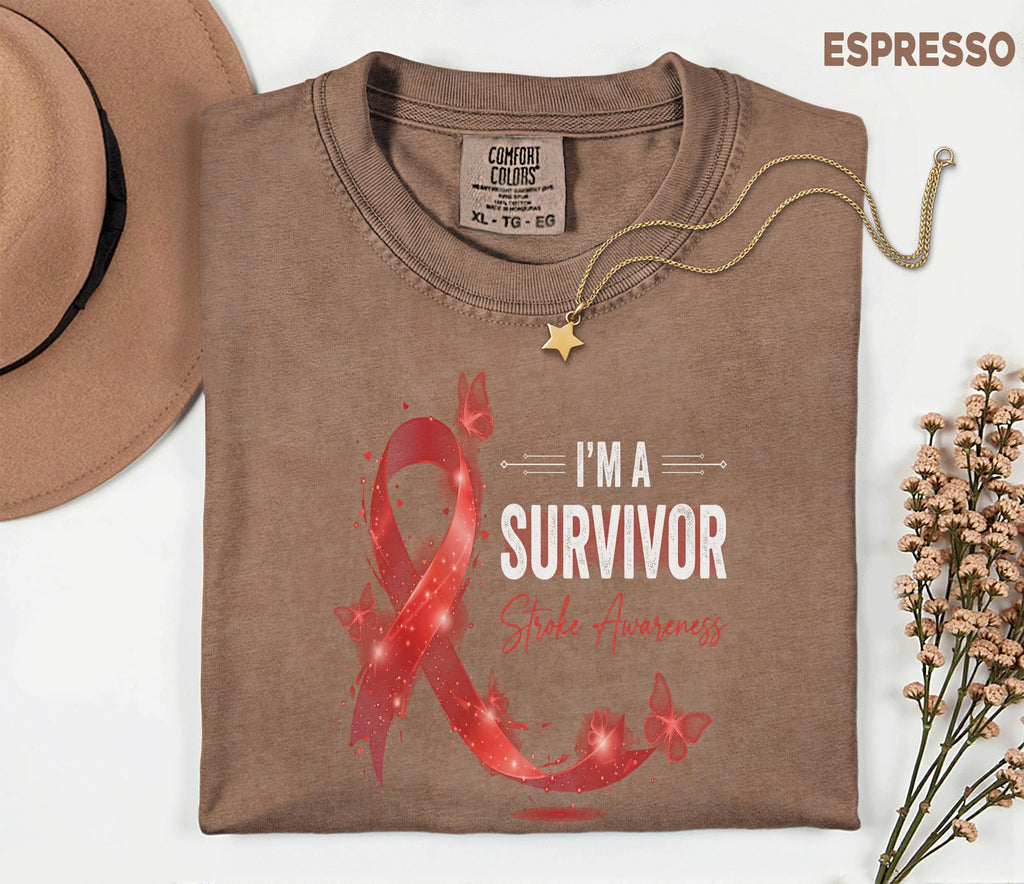 I’m A Survivor Stroke Awareness Shirt, Comfort Colors Stroke Awareness Tee, Red Ribbon Survivor Gift, Inspirational Medical Support T-Shirt