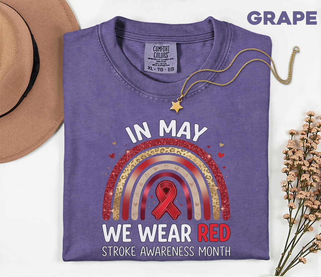 In May We Wear Red Stroke Awareness Shirt, Comfort Colors Stroke Awareness Tee, Red Ribbon Rainbow Medical Support Gift T-Shirt