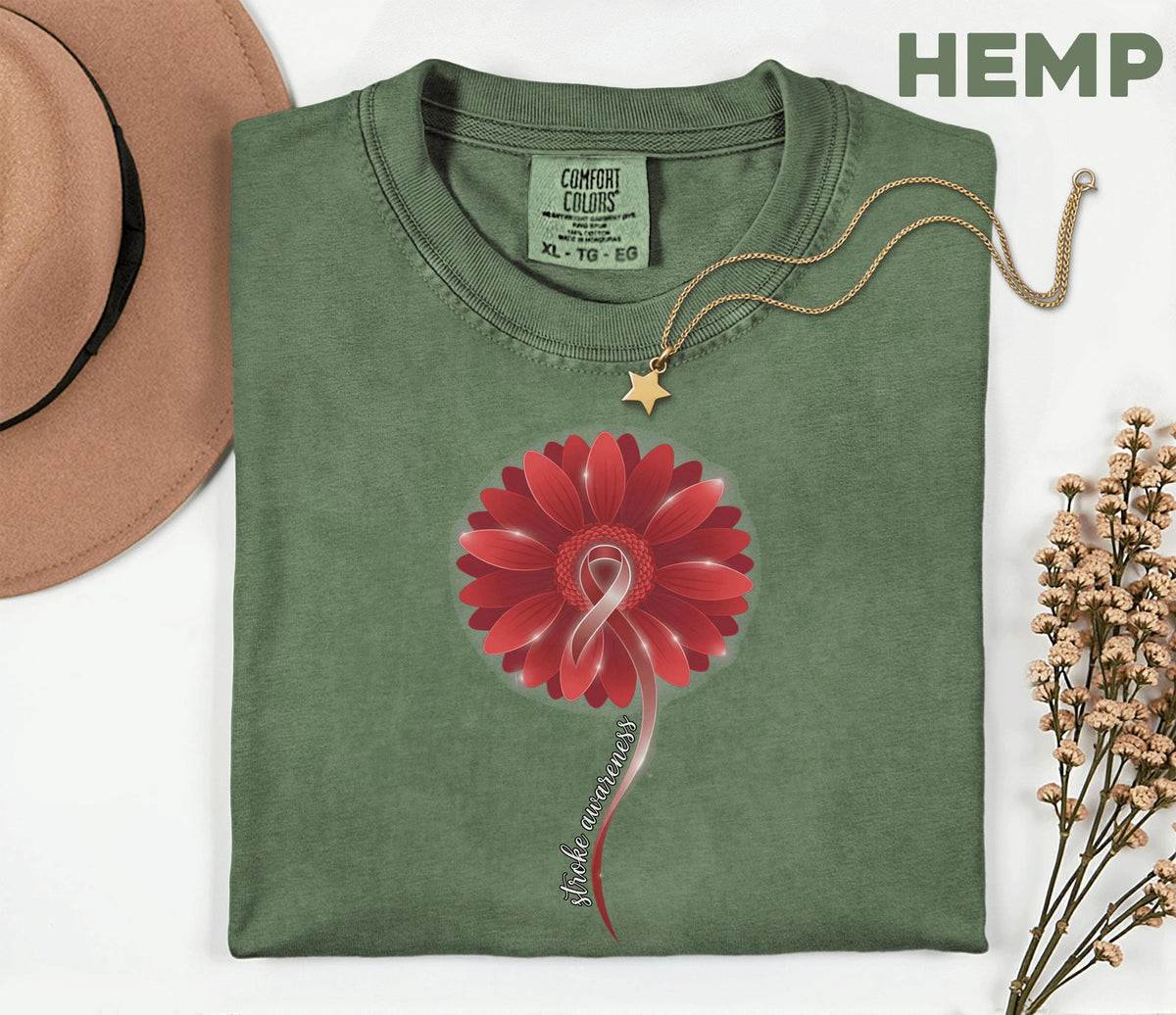 Comfort Colors Stroke Awareness Shirt, Red Gerbera Flower Ribbon Tee, Elegant Stroke Support Gift, Medical Awareness T-Shirt