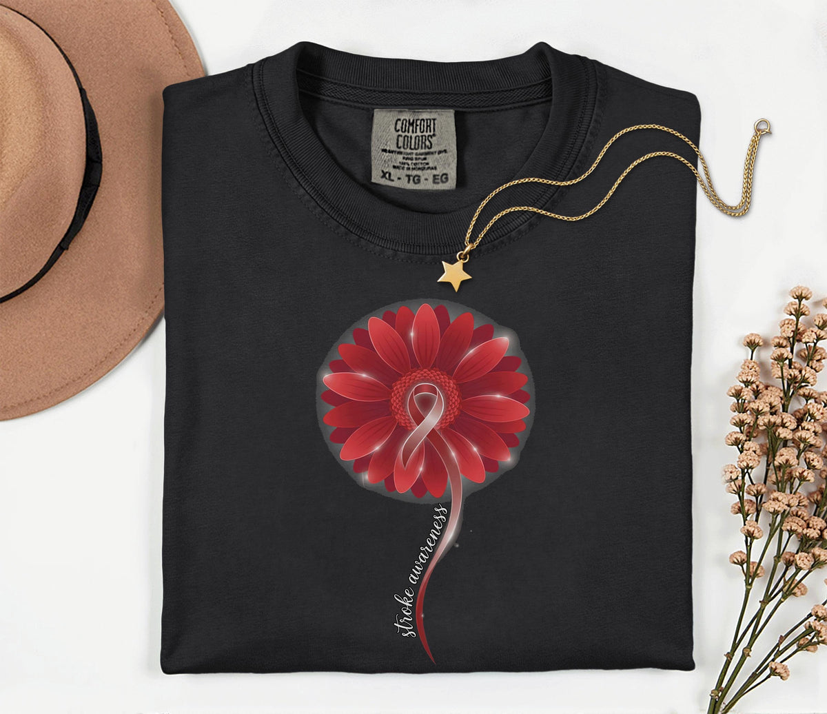 Comfort Colors Stroke Awareness Shirt, Red Gerbera Flower Ribbon Tee, Elegant Stroke Support Gift, Medical Awareness T-Shirt