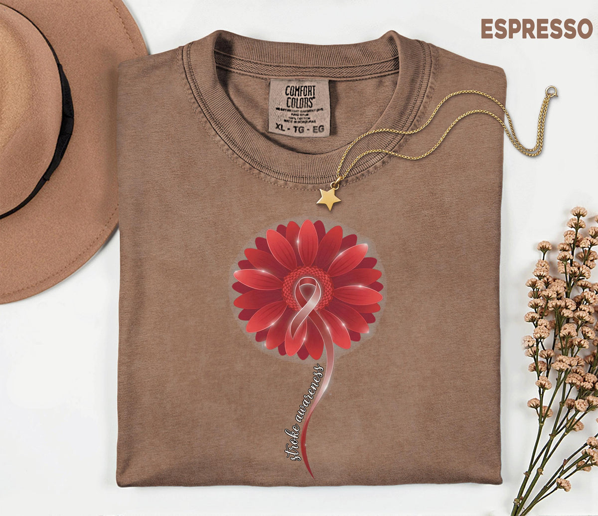 Comfort Colors Stroke Awareness Shirt, Red Gerbera Flower Ribbon Tee