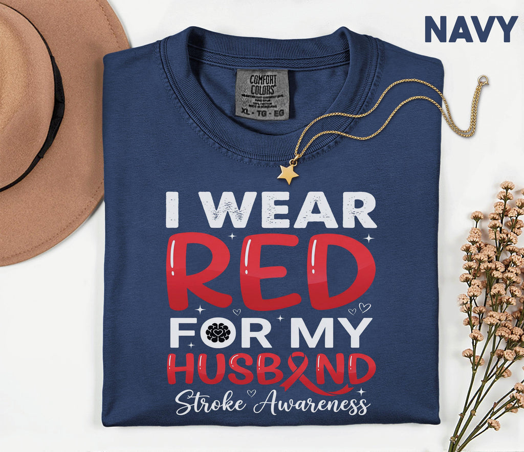 I Wear Red For My Husband Stroke Awareness Shirt, Comfort Colors Stroke Awareness Tee, Red Ribbon Caregiver Support Gift