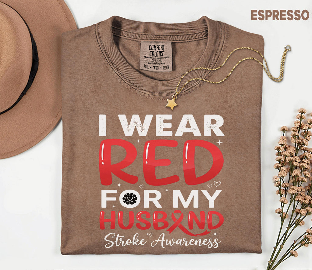 I Wear Red For My Husband Stroke Awareness Shirt, Comfort Colors Stroke Awareness Tee, Red Ribbon Caregiver Support Gift