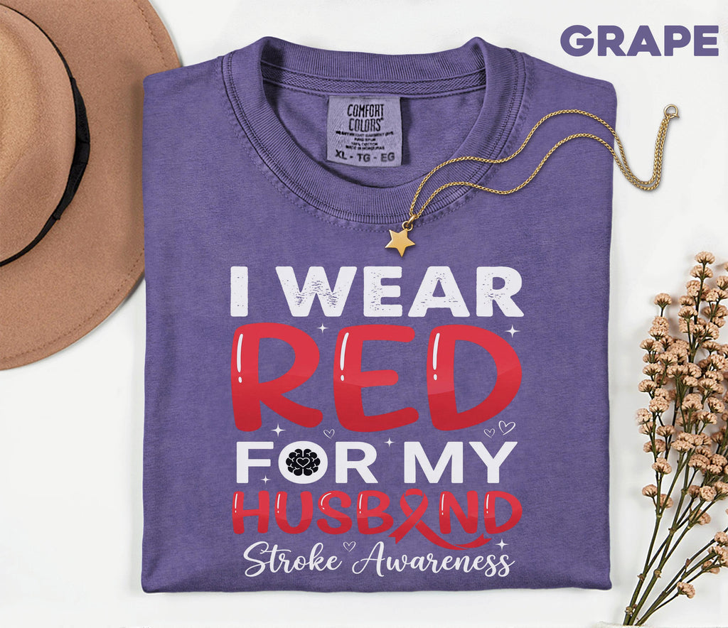 I Wear Red For My Husband Stroke Awareness Shirt, Comfort Colors Stroke Awareness Tee, Red Ribbon Caregiver Support Gift