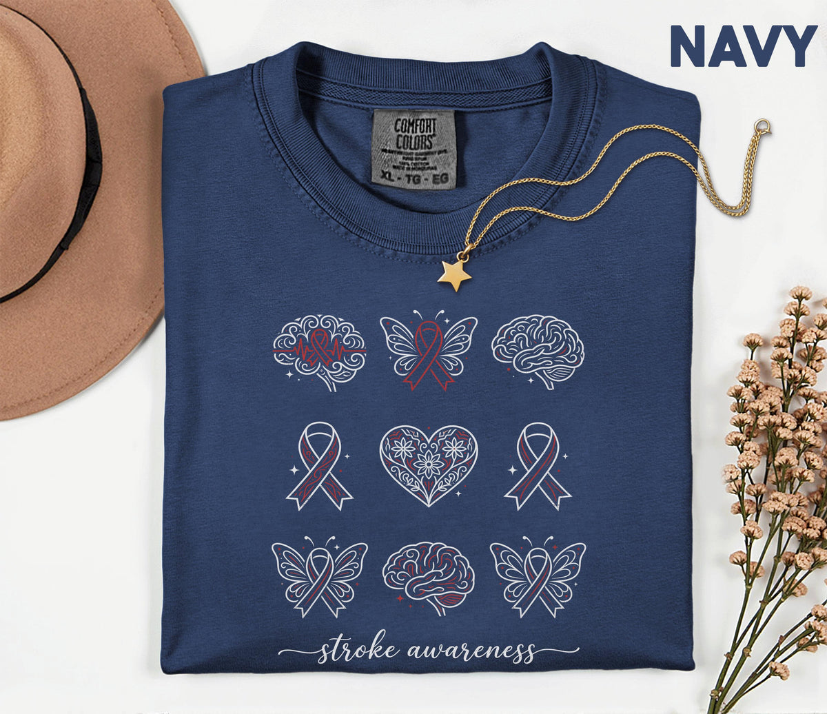 Comfort Colors Stroke Awareness Shirt, Red Ribbon Brain Butterfly Tee, Medical Awareness Support Gift, Inspirational T-Shirt