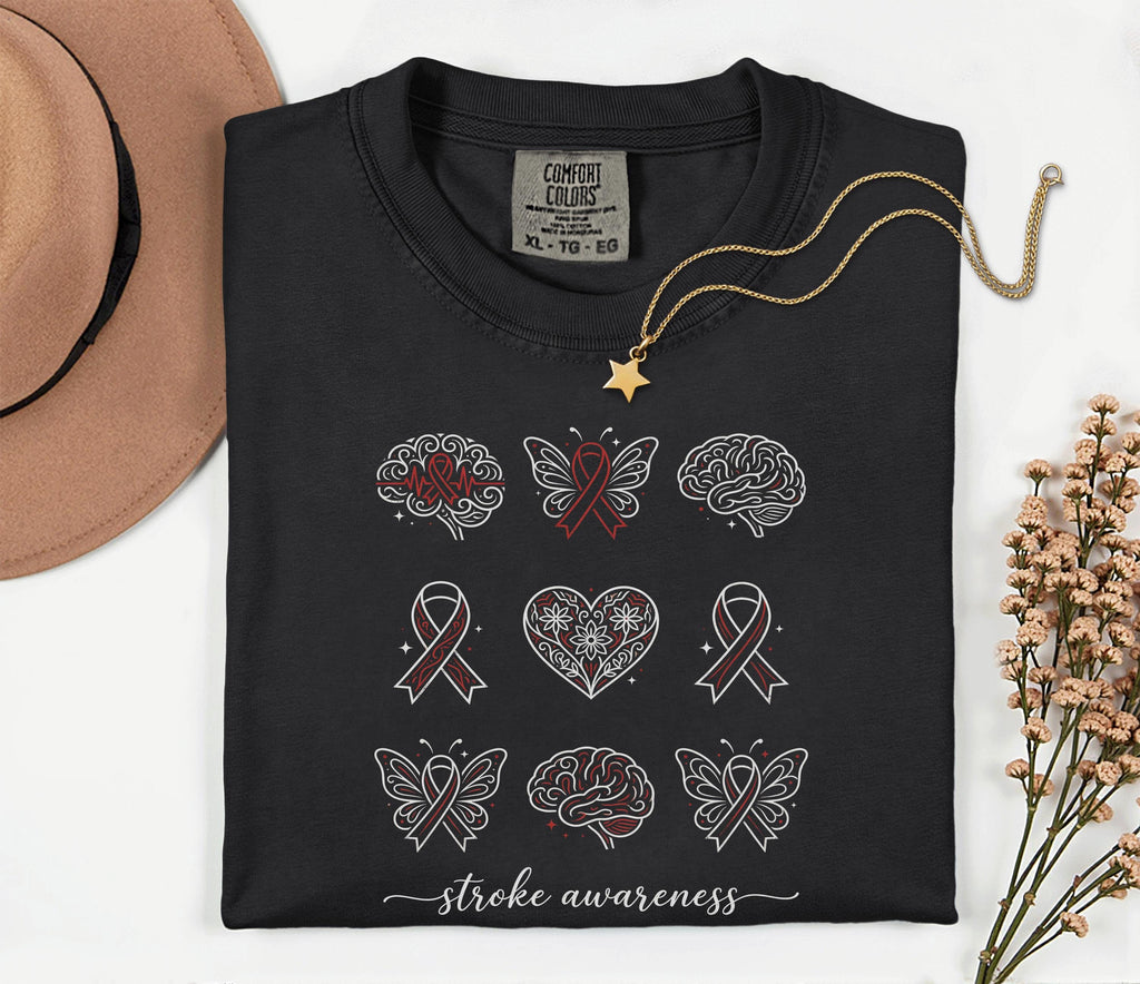 Comfort Colors Stroke Awareness Shirt, Red Ribbon Brain Butterfly Tee