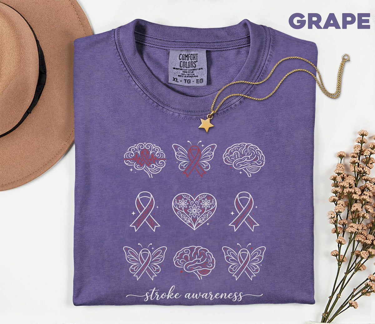 Comfort Colors Stroke Awareness Shirt, Red Ribbon Brain Butterfly Tee, Medical Awareness Support Gift, Inspirational T-Shirt