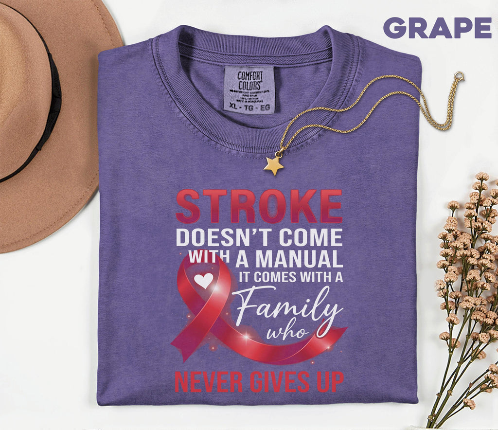 Stroke Doesn’t Come With a Manual Shirt, Comfort Colors Stroke Awareness Tee, Red Ribbon Family Support Gift, Inspirational T-Shirt