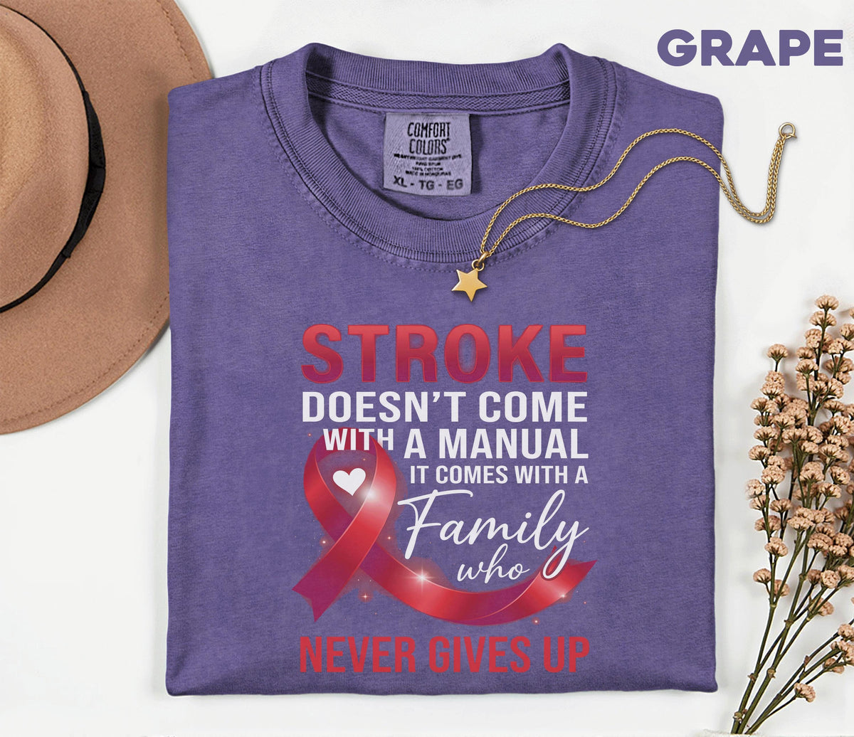 Stroke Doesn’t Come With a Manual Shirt, Comfort Colors Stroke Awareness Tee, Red Ribbon Family Support Gift, Inspirational T-Shirt