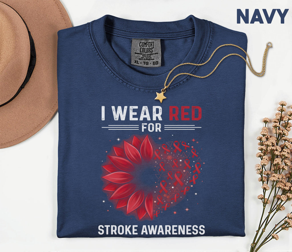 I Wear Red For Stroke Awareness Shirt, Comfort Colors Stroke Awareness Tee, Red Ribbon Floral Heart Support Gift T-Shirt