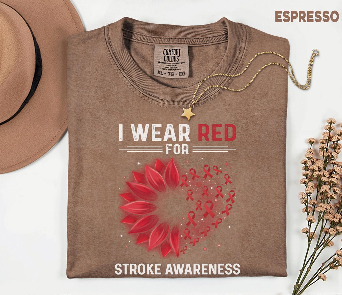 I Wear Red For Stroke Awareness Shirt, Comfort Colors Stroke Awareness Tee, Red Ribbon Floral Heart Support Gift T-Shirt