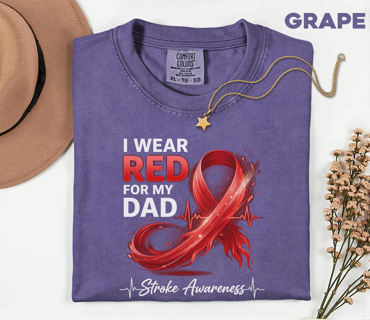 I Wear Red for My Dad Comfort Colors Shirt, Stroke Awareness Red Ribbon Tee, Support Stroke Survivor Gift, Father's Support Shirt