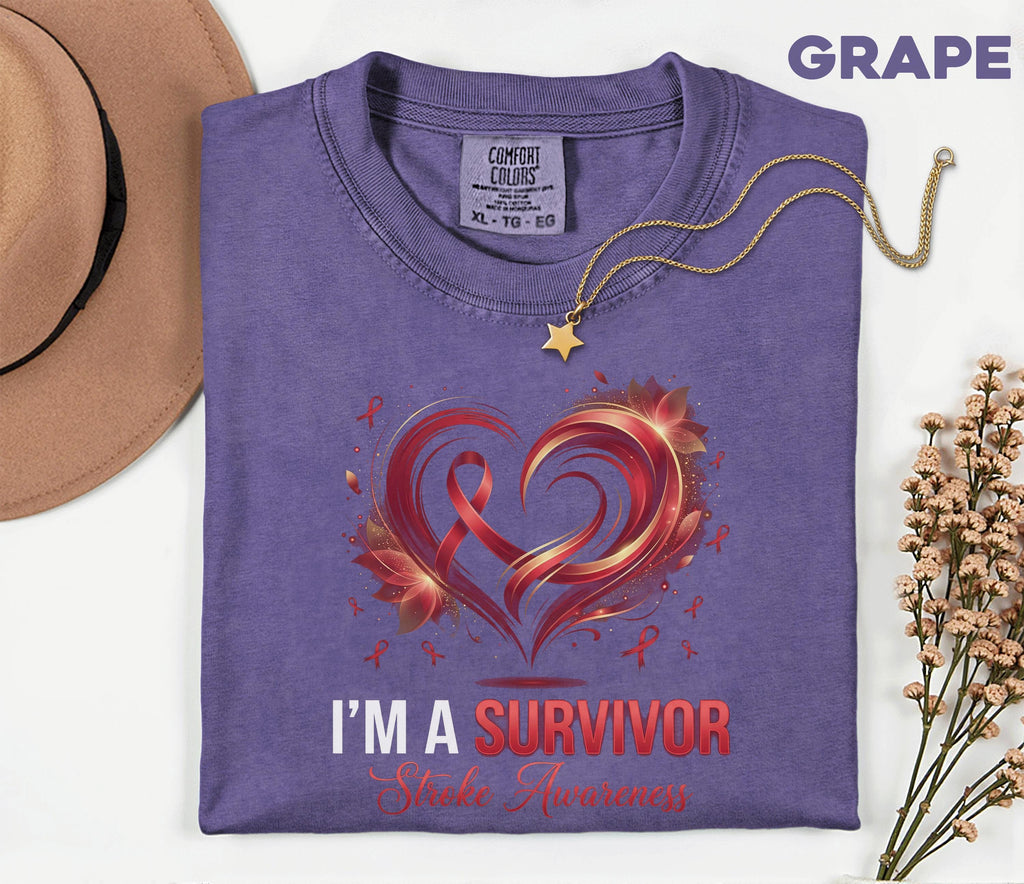I'm A Survivor Stroke Awareness Comfort Colors Shirt, Red Ribbon Heart Tee, Stroke Survivor Gift, Medical Awareness T-Shirt