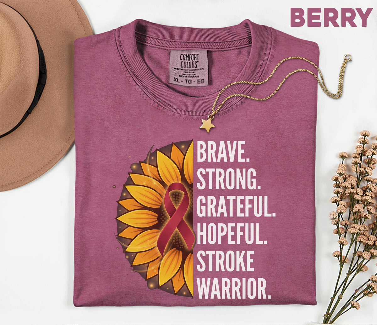 Stroke Warrior Comfort Colors Shirt, Brave Strong Grateful Hopeful Tee, Sunflower Stroke Awareness Shirt, Red Ribbon Survivor Gift
