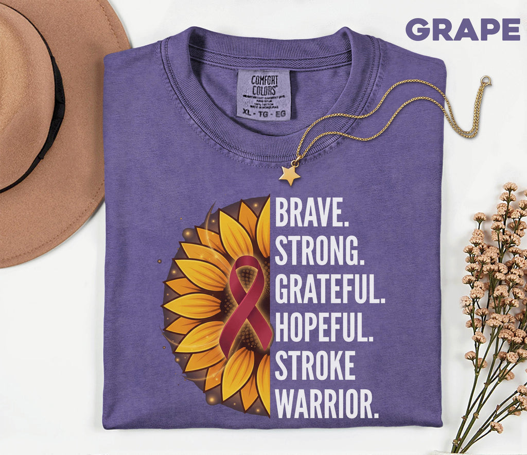 Stroke Warrior Comfort Colors Shirt, Brave Strong Grateful Hopeful Tee, Sunflower Stroke Awareness Shirt, Red Ribbon Survivor Gift