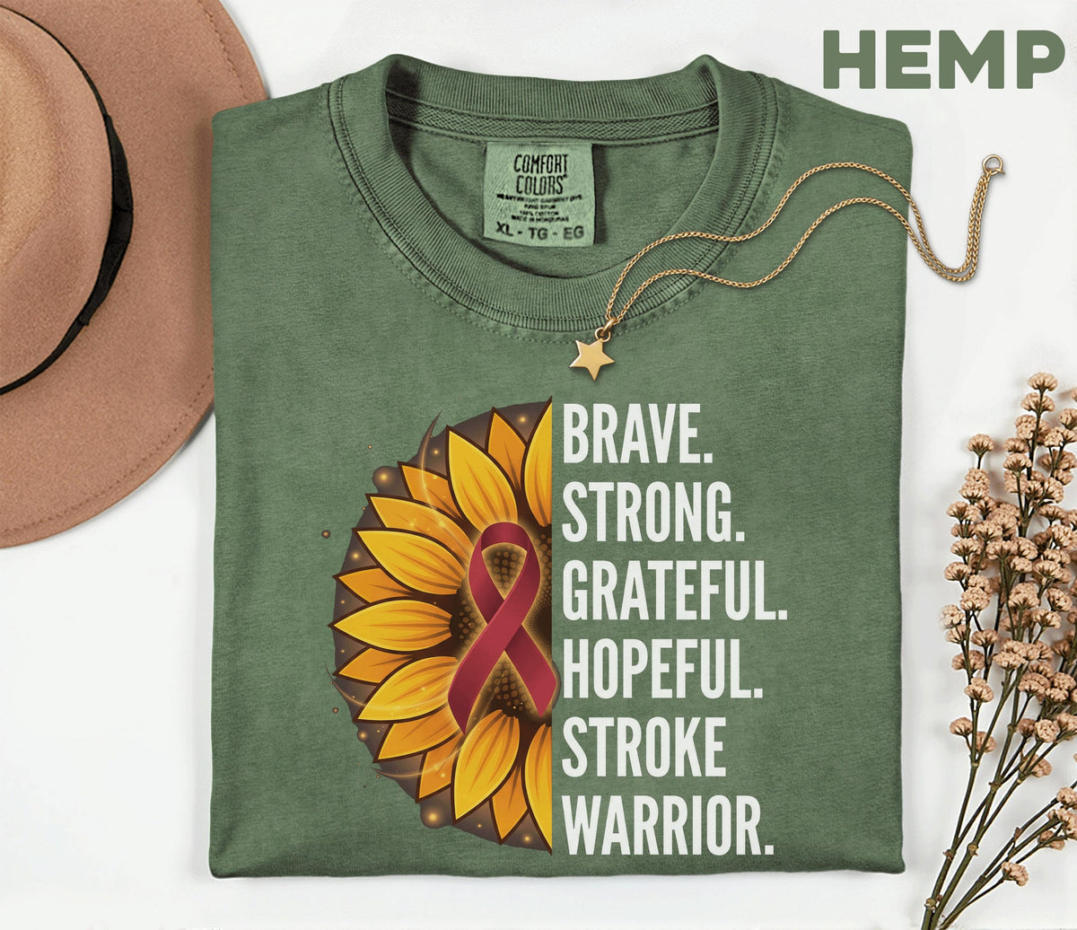 Stroke Warrior Comfort Colors Shirt, Brave Strong Grateful Hopeful Tee, Sunflower Stroke Awareness Shirt, Red Ribbon Survivor Gift