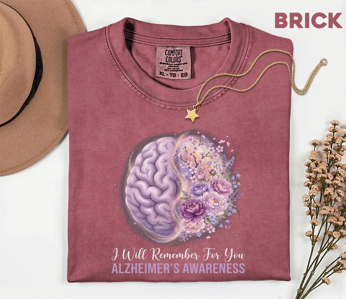 Alzheimer’s Awareness Comfort Colors Shirt, I Will Remember For You Tee, Purple Ribbon Brain Floral, Dementia Support Gift
