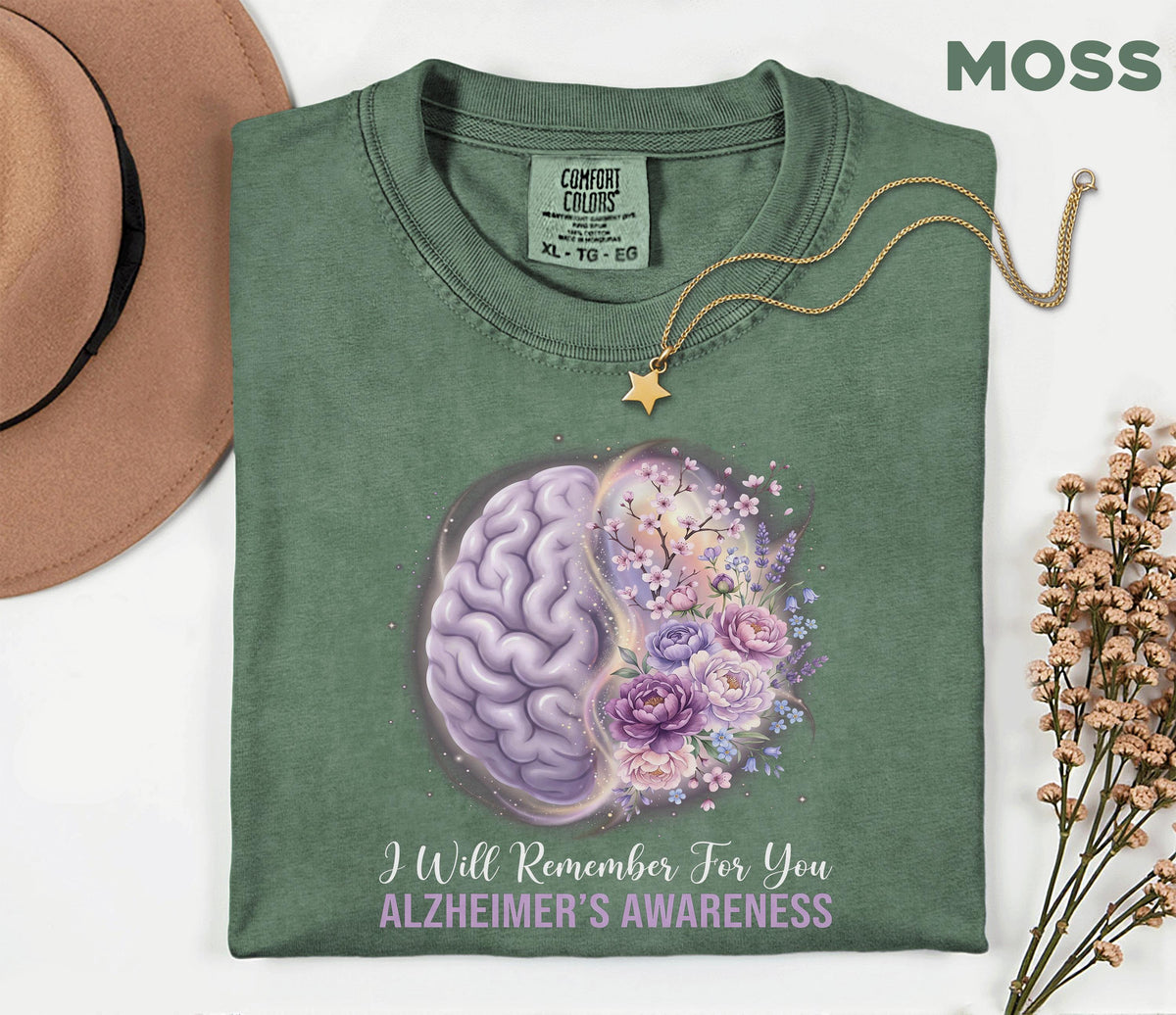 Alzheimer’s Awareness Comfort Colors Shirt, I Will Remember For You Tee, Purple Ribbon Brain Floral, Dementia Support Gift