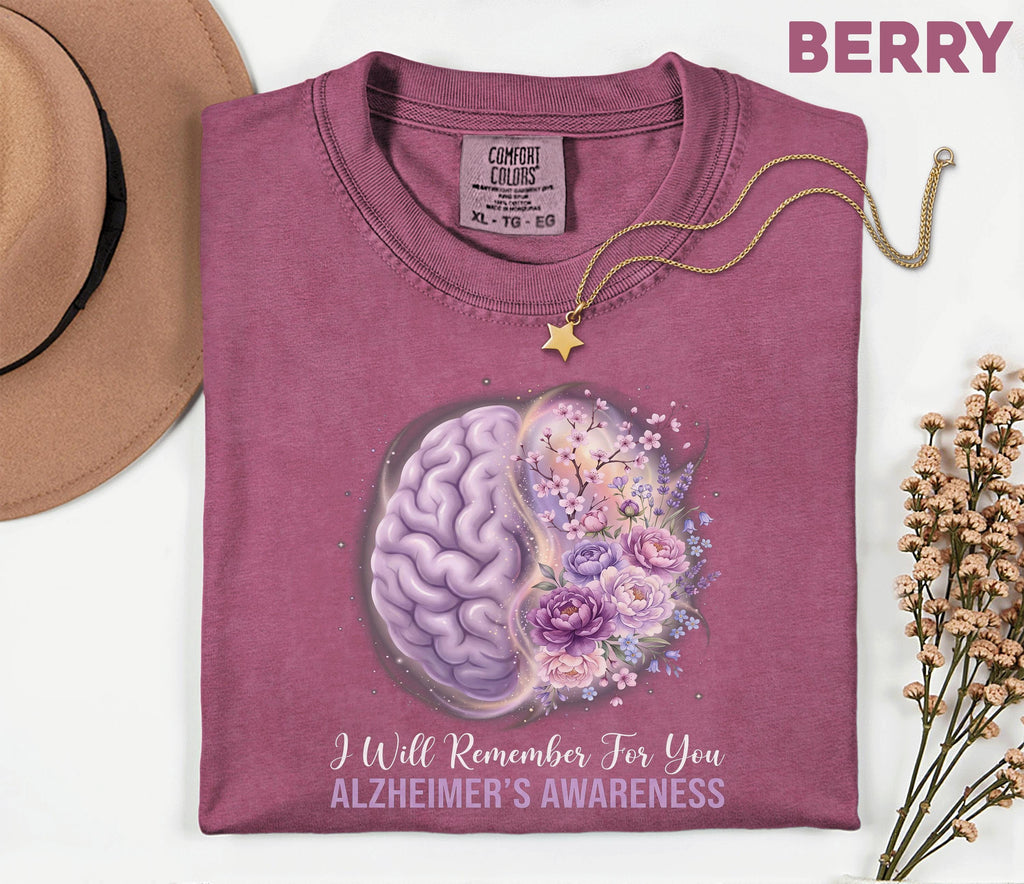 Alzheimer’s Awareness Comfort Colors Shirt, I Will Remember For You Tee, Purple Ribbon Brain Floral, Dementia Support Gift