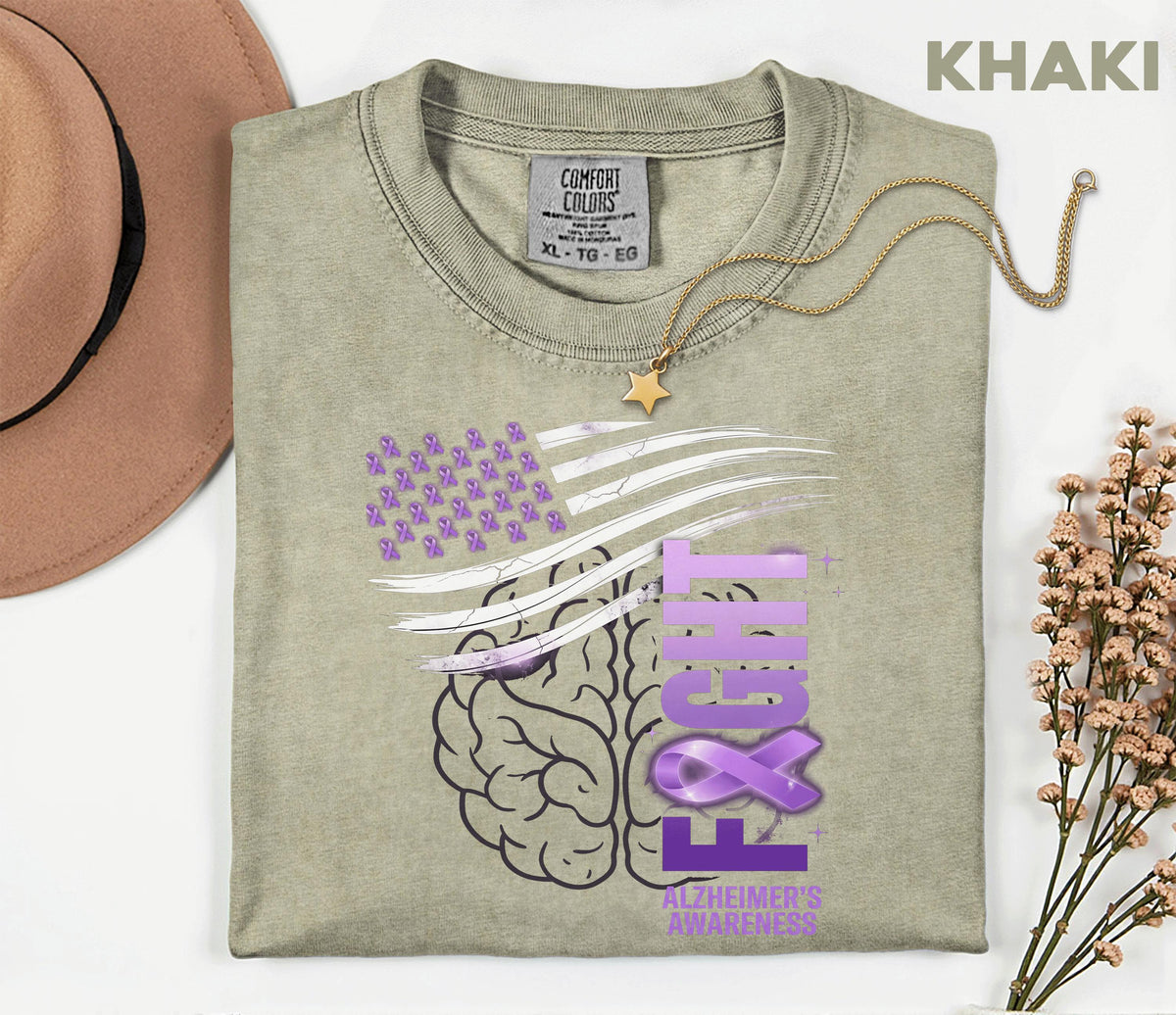 Alzheimer’s Awareness Comfort Colors Shirt, Fight Alzheimer’s Flag Tee, Purple Ribbon American Flag, Dementia Support Gift