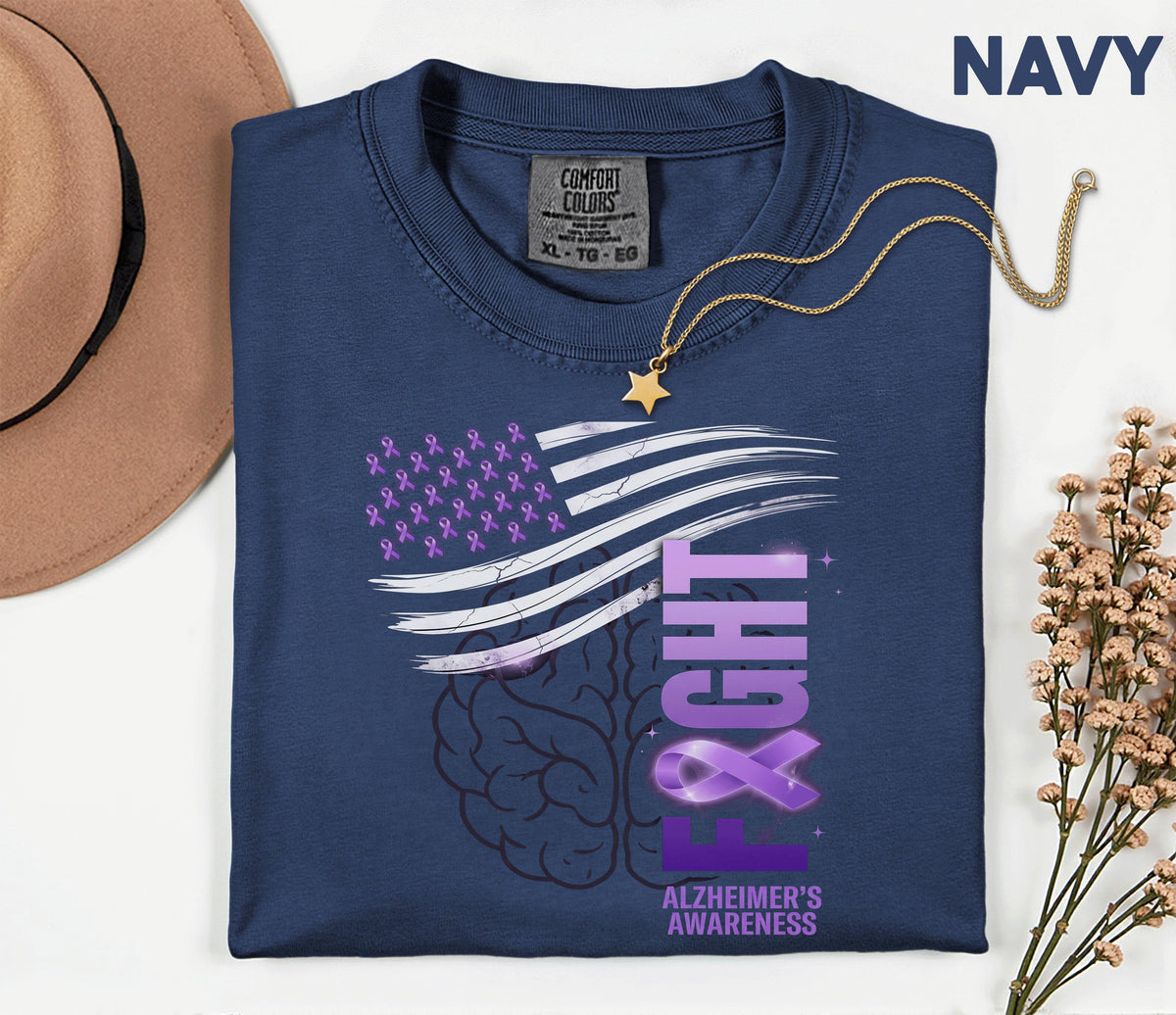 Alzheimer’s Awareness Comfort Colors Shirt, Fight Alzheimer’s Flag Tee, Purple Ribbon American Flag, Dementia Support Gift