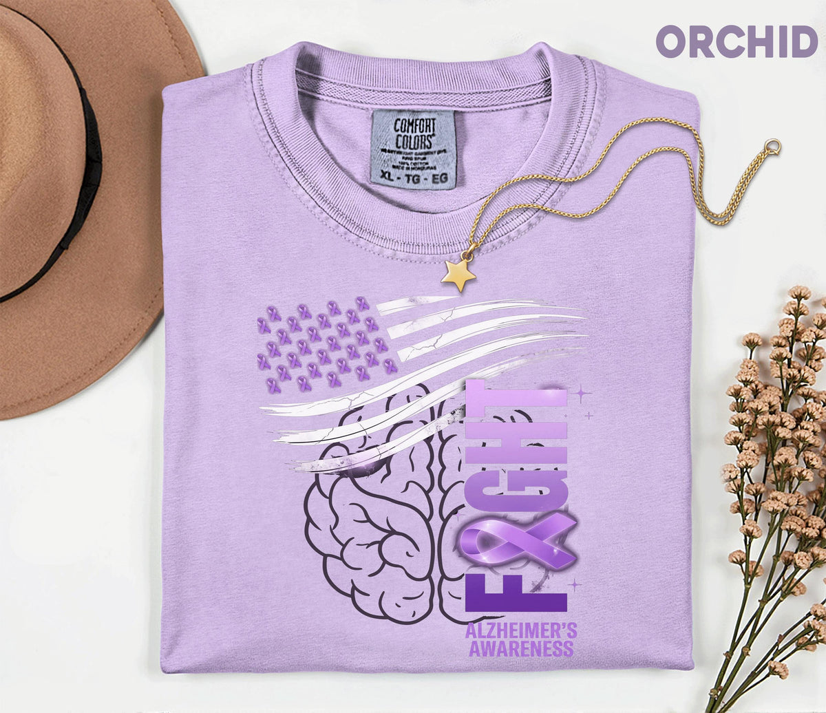 Alzheimer’s Awareness Comfort Colors Shirt, Fight Alzheimer’s Flag Tee, Purple Ribbon American Flag, Dementia Support Gift
