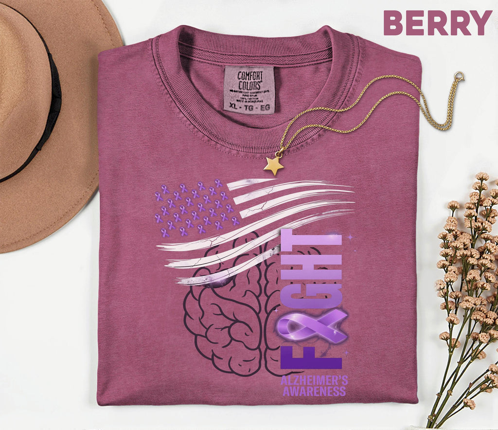 Alzheimer’s Awareness Comfort Colors Shirt, Fight Alzheimer’s Flag Tee, Purple Ribbon American Flag, Dementia Support Gift