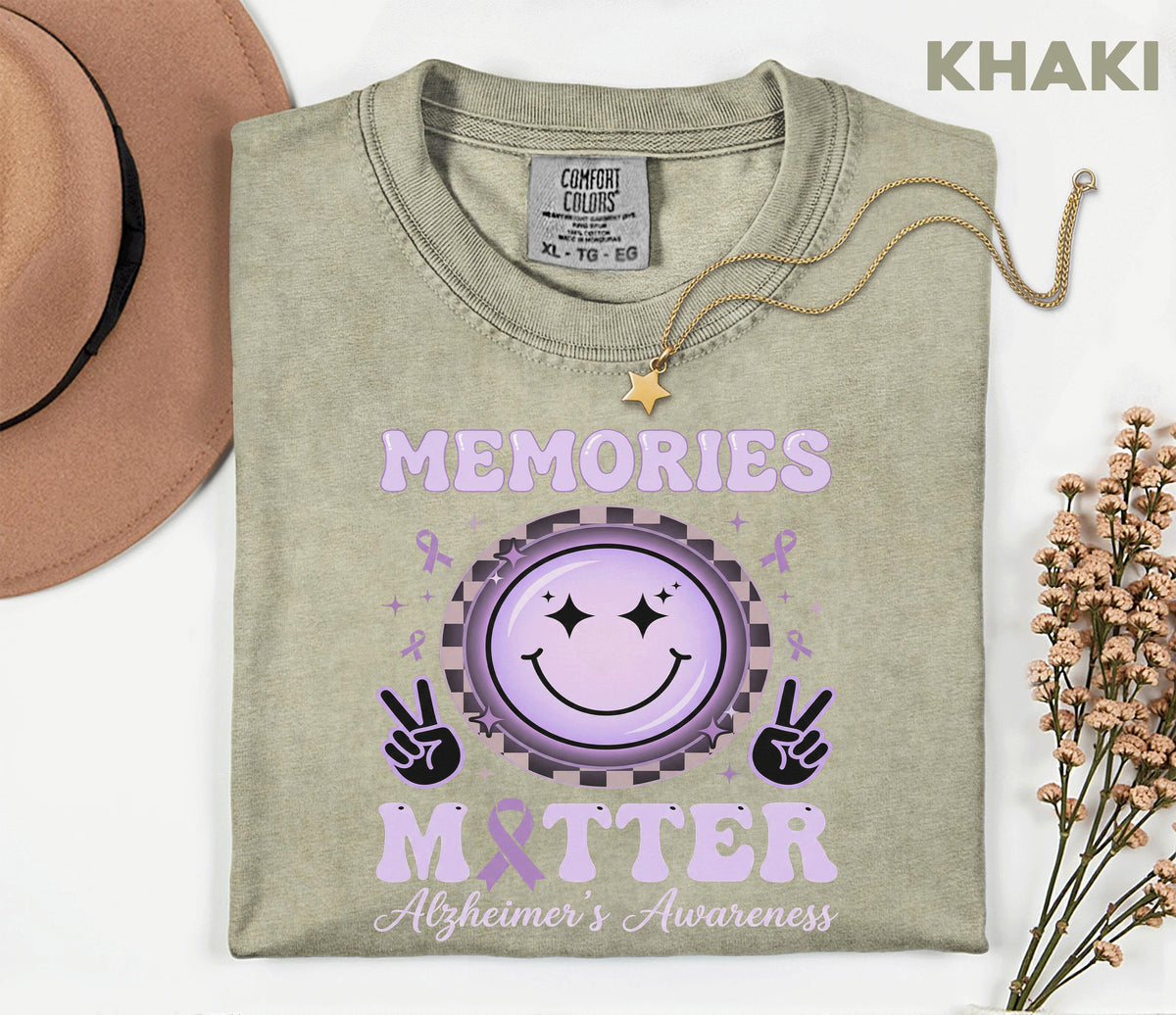 Memories Matter Alzheimer’s Awareness Comfort Colors Shirt, Purple Ribbon Smile Face Tee, Dementia Support Gift for Caregivers